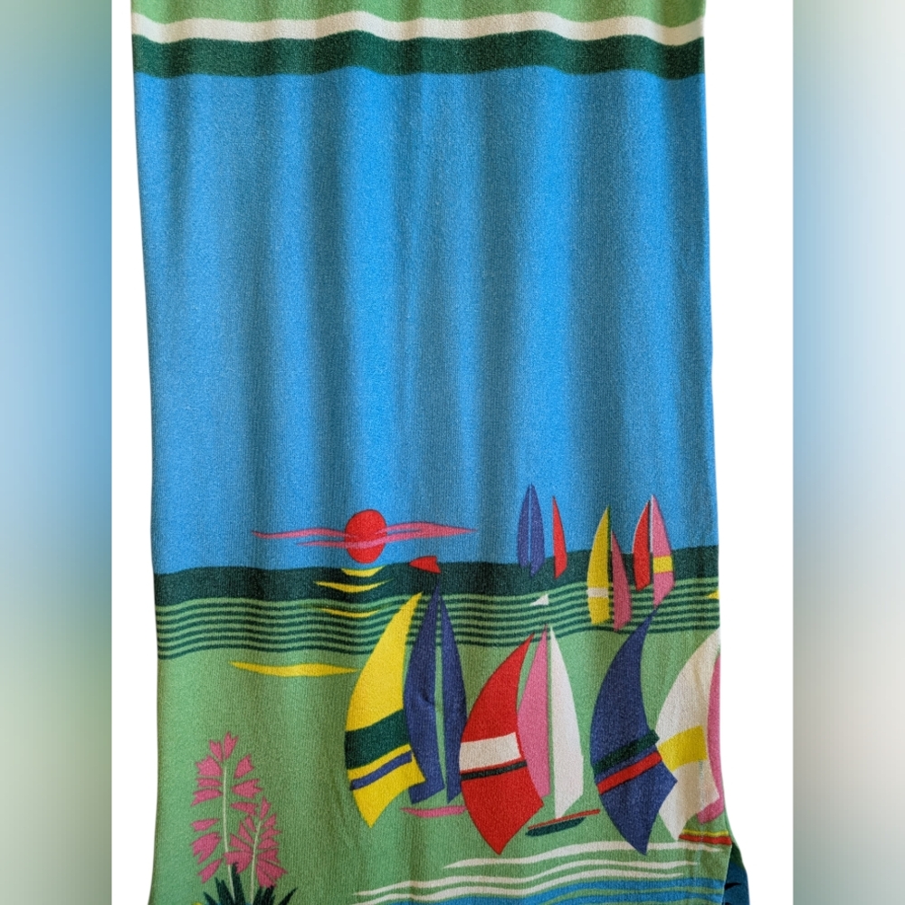 Vintage Terry Cloth Swim Cover Up Hostess Maxi Dress Sailboat Beach Tropical - Picture 3 of 5